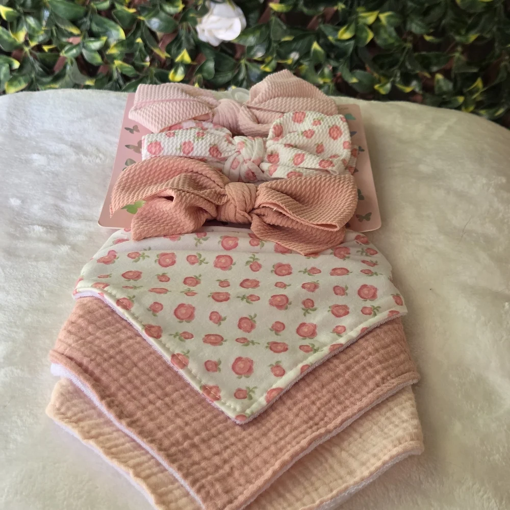 Baby Bow Headband Bandana Bib 6 Pack Gift Set Pink White Floral Ava Olivia NWT